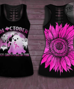 In October Even Ghost Wear Pink Breast Cancer Awareness 3D Hollow Tank Top Leggings 01