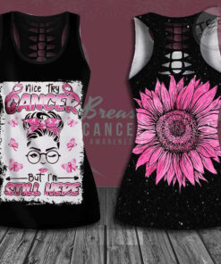 Nice Try Cancer But Im Still Here Breast Cancer Awareness 3D Hollow Tank Top Leggings 01