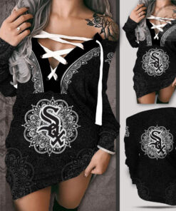 Chicago White Sox Off Shoulder Deep V Neck Lace Up Long Sleeve Pullover