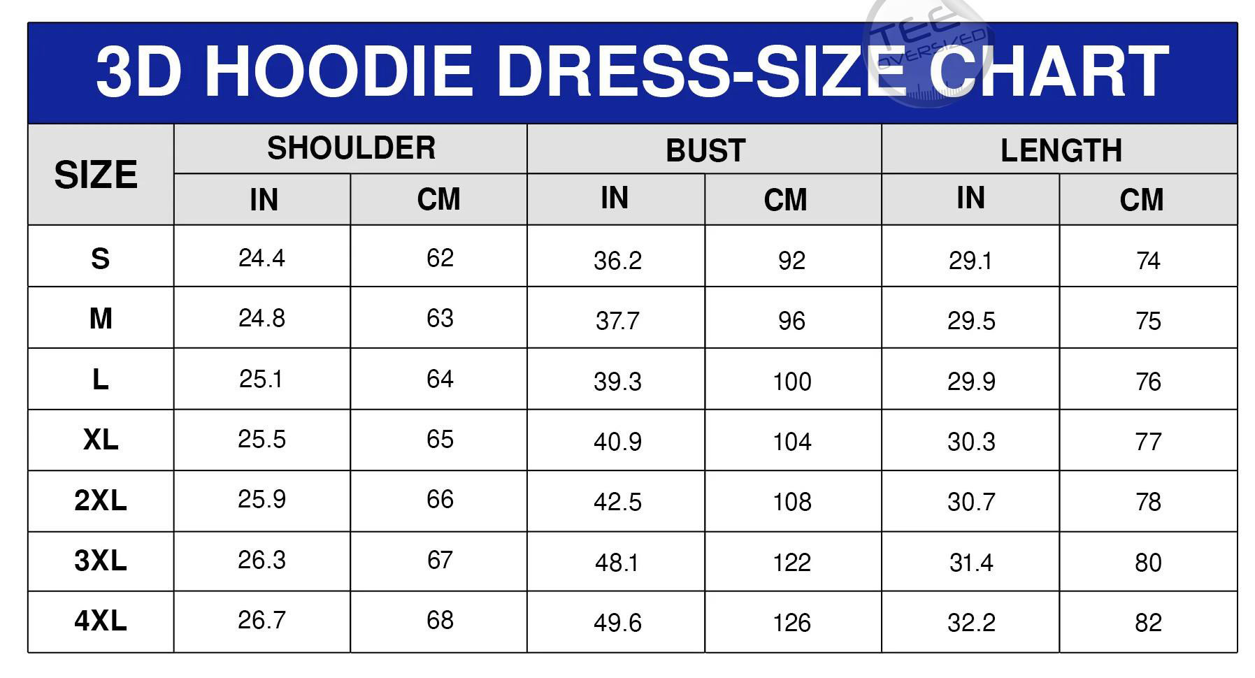 Fleece Hoodie Dress Sizechart
