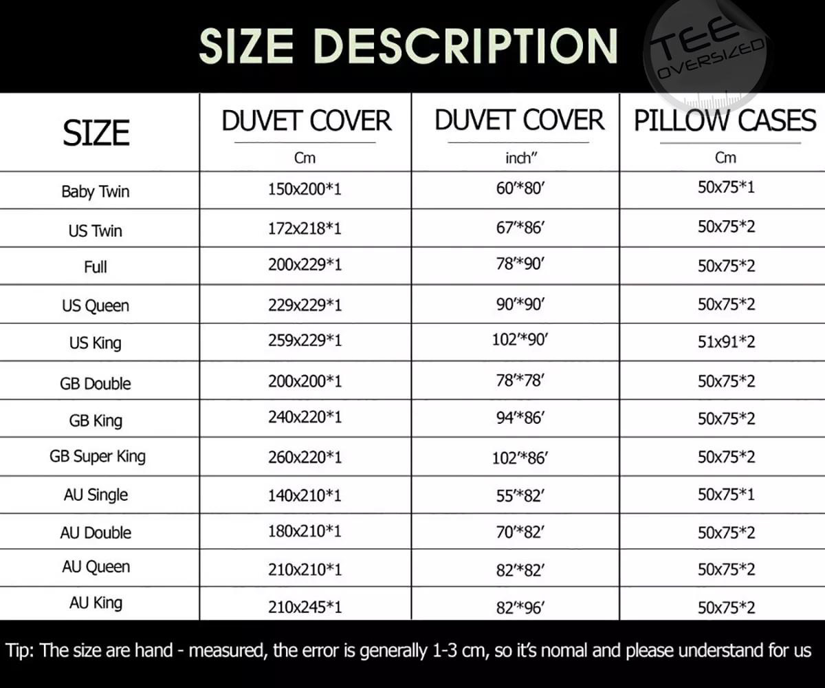 Bedding Set sizechart