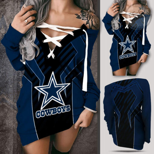 Dallas Cowboys Shoulder Deep V Neck Lace Up Long Sleeve Pullover