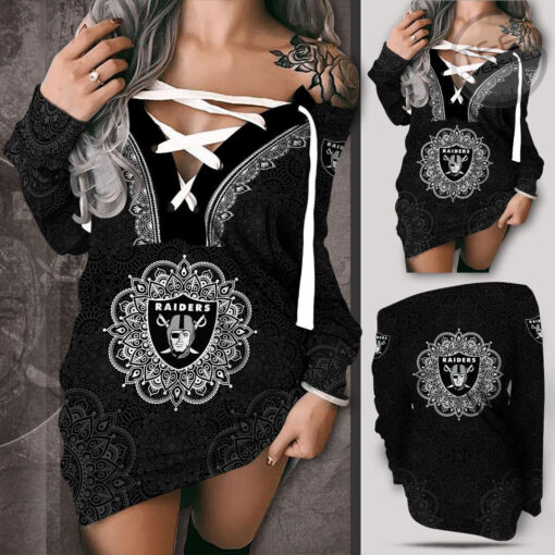 Las Vegas Raiders Shoulder Deep V Neck Lace Up Long Sleeve Pullover